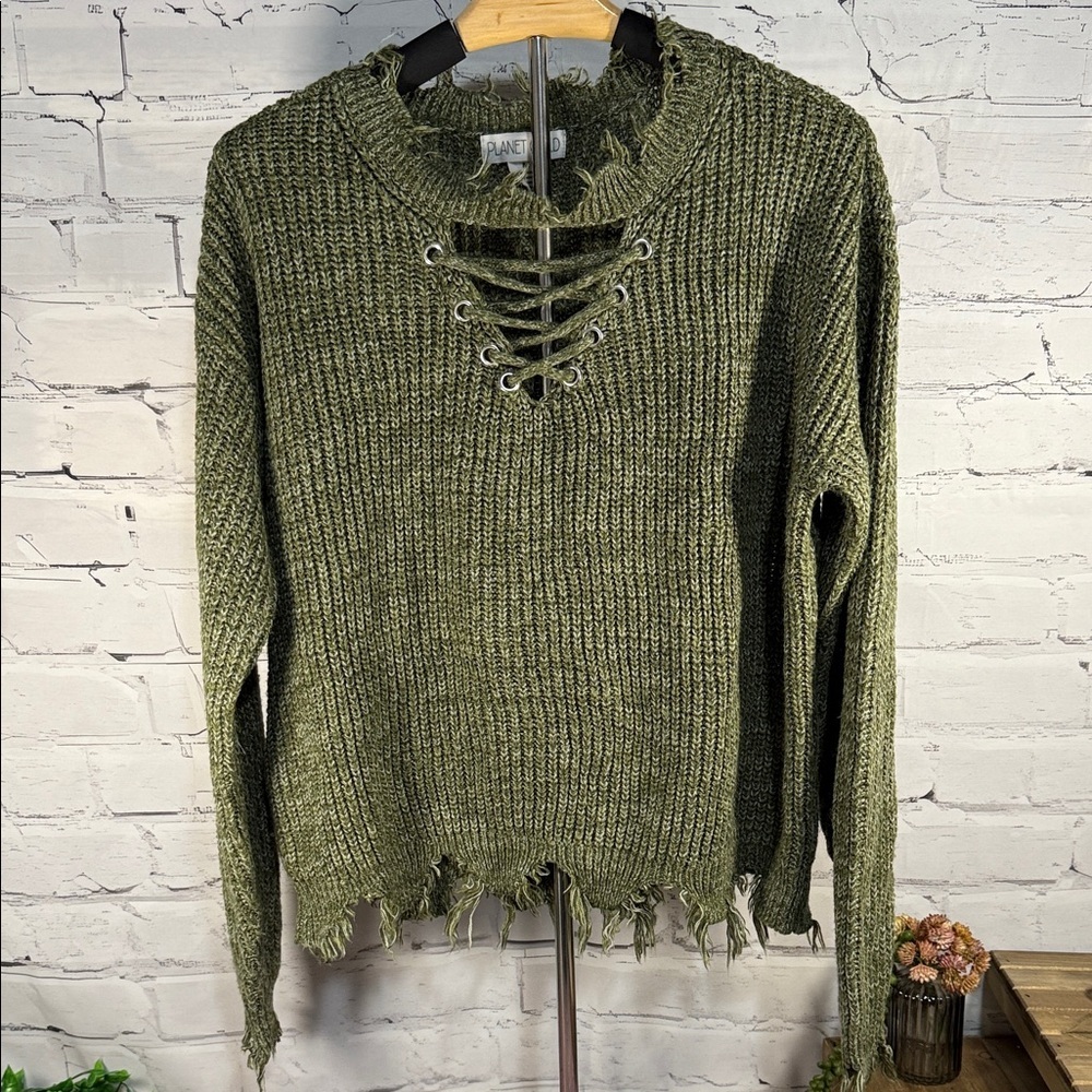 Planet Gold Olive Lace-Up Distressed‎ Cropped Sweater